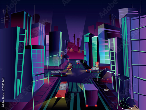 City night street vector illustration of urban cars transport on traffic lane and pedestrian crosswalk with marking. Cartoon flat cityscape buildings and streets design with illumination light