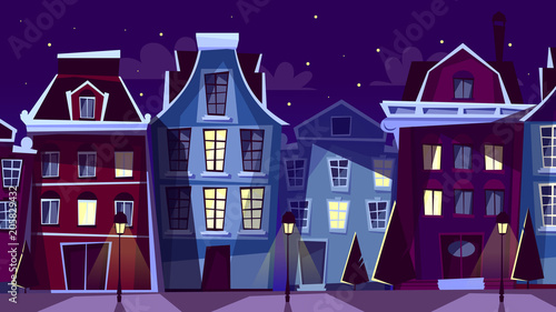 Amsterdam cityscape vector illustration. Cartoon Amsterdam night streets and houses with window illumination for Dutch or Netherlands famous architecture landmarks