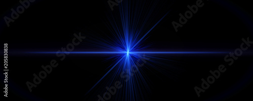 Blue shining objects in the dark. Staburst. Abstract illustration with glowing blurred  lights. Background with shining flares. Wide image photo