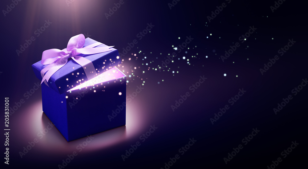 Blue open gift box with magical light - obrazy, fototapety, plakaty 