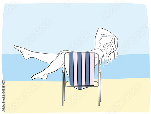 woman is resting on the beach by the sea. vector illustration.
