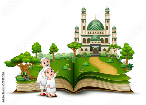 Happy Muslim grandfather with his grandson in front the mosque of an opened book