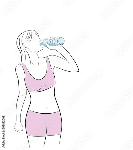 the girl is drinking water. playing sports. restoration of water balance in the body. vector illustration.