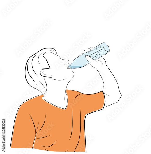 the guy drinks water. playing sports. restoration of water balance in the body. vector illustration.