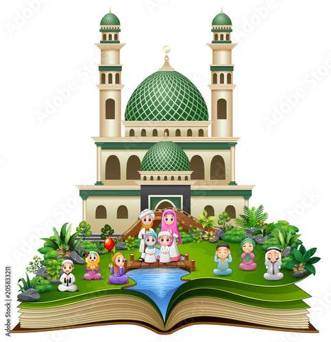 Canvas Print Open book with Happy Muslim Family in front of a mosque