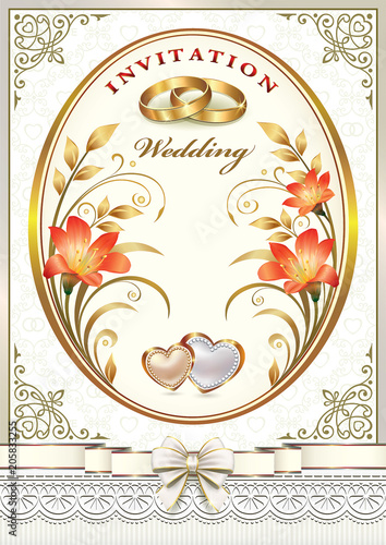 Wedding invitation card with floral pattern, hearts and rings on a light background in a frame with ornament and ribbon. Vector illustration