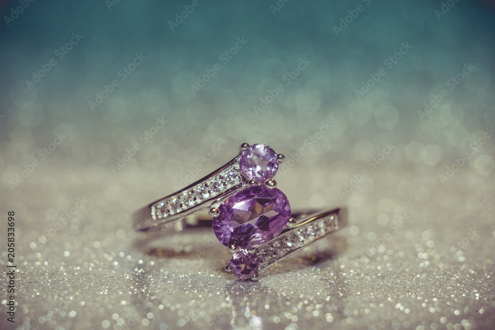 Silver ring with natural amethyst retro