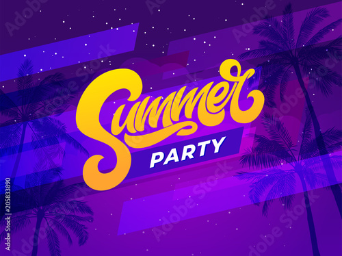 Summer party lettering on ultraviolet background with palm tree. Vector template for night club party. Vector typography for banner, poster, flyer, card, postcard, cover, brochure.
