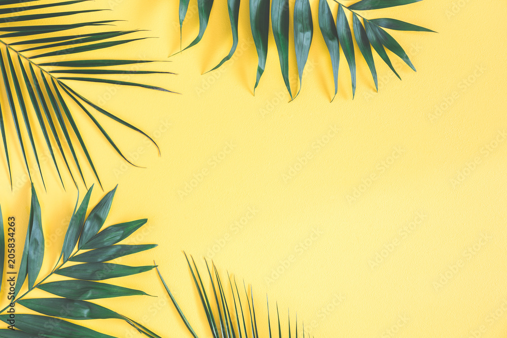 Tropical palm leaves on yellow background. Summer concept. Flat lay, top  view, copy space Stock Photo | Adobe Stock