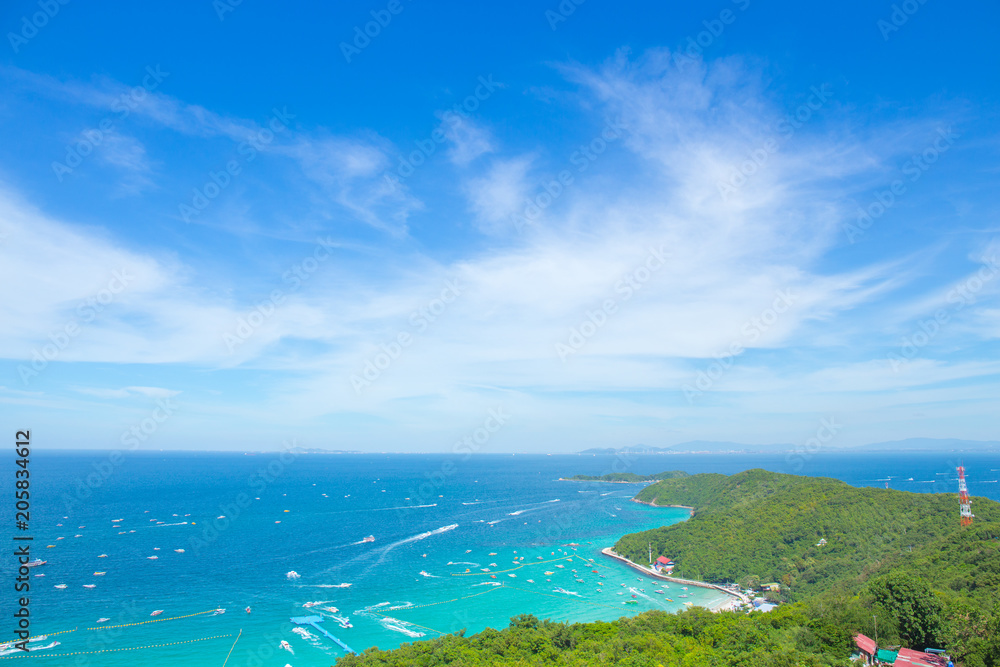 High angle view,Beautiful views of Koh Lan, mountains and sea along the corridor of the boat, Koh Lan, Thailand