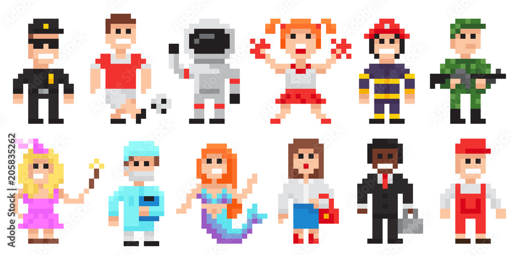 Pixel art characters set, professions pixel art people isolated design.  Stock Vector