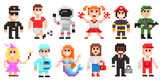 Pixel art characters set, professions pixel art people isolated design.
