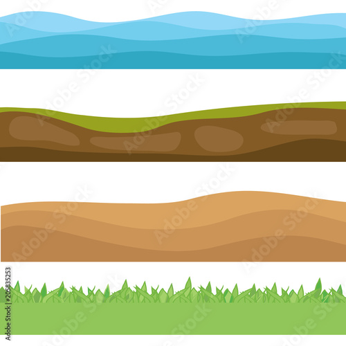 Landscapes of the earth. The sea, the earth, the desert, the green meadow. Set of realistic landscapes.