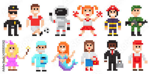 Pixel art characters set, professions pixel art people isolated design. photo