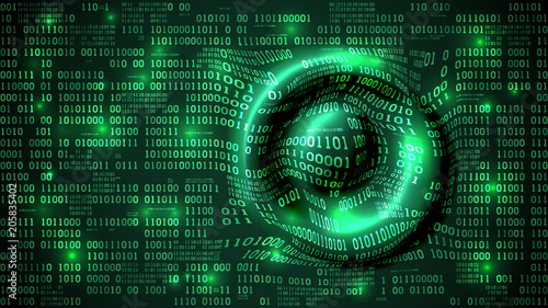 Abstract futuristic cyberspace with binary code and circular waves, matrix background with digits, neural network, well organized layers
