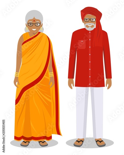 Set of standing together old indian man and woman in the traditional clothing isolated on white background in flat style. Different senior people in the east dress. Vector illustration.