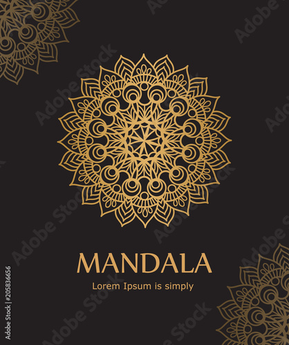 Poster with gold ornament mandala, based on indian ornaments. For wedding invitation, book cover or flyer. Vector illustration.