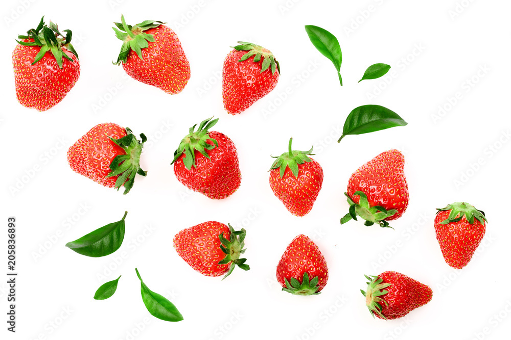 Strawberries isolated on white background. Top view. Flat lay pattern Strawberries isolated on white background. Top view. Flat lay pattern
