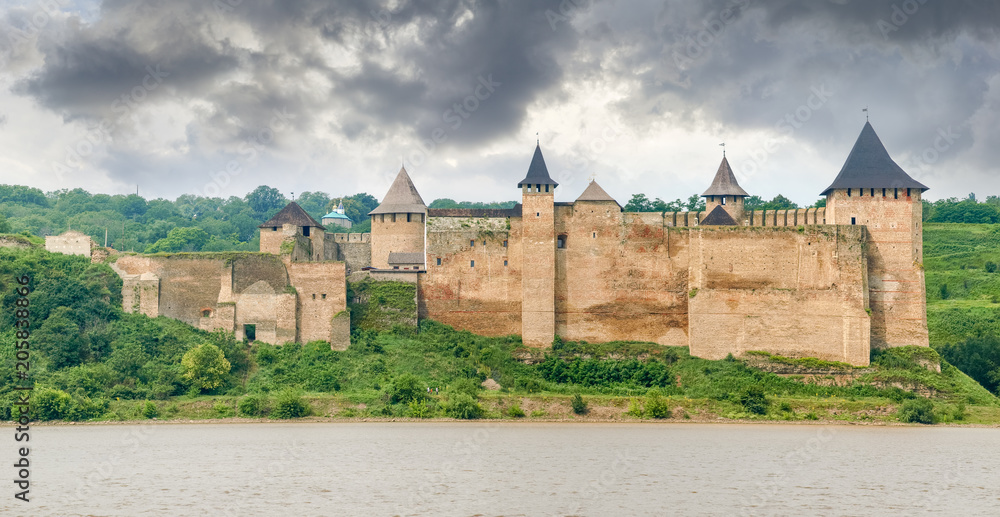 Panorama of Khotyn fortress on bank of Dniester river, Ukraine