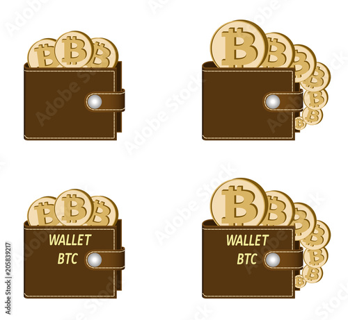 set of brown wallets with bitcoin coins