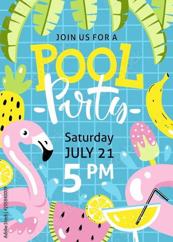 Pool party invitation. Flamingo pool float, cocktail, banana leaves, watermelon, pineapple and other hand drawn beach elements.
