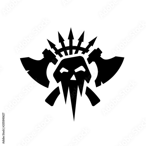 Black silhouettes of orcs clan symbol on white background. Warrior sign. Fantasy game banner with axe and skull. Vector illustration