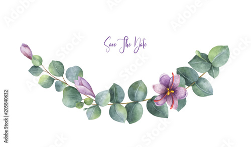 Watercolor vector wreath with green eucalyptus leaves, purple flowers and bra...