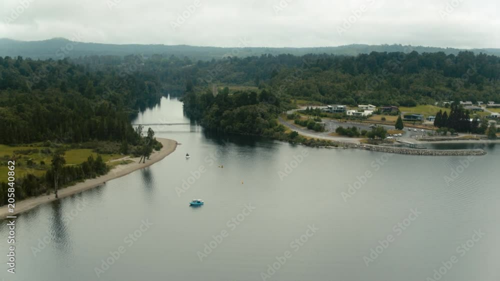 Drone wide shot of New Zealand estuary on a cloudy day Drone wide shot of New Zealand estuary on a cloudy day
