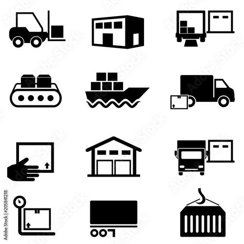 Logistics, supply chain, distribution, warehousing and shipping icons