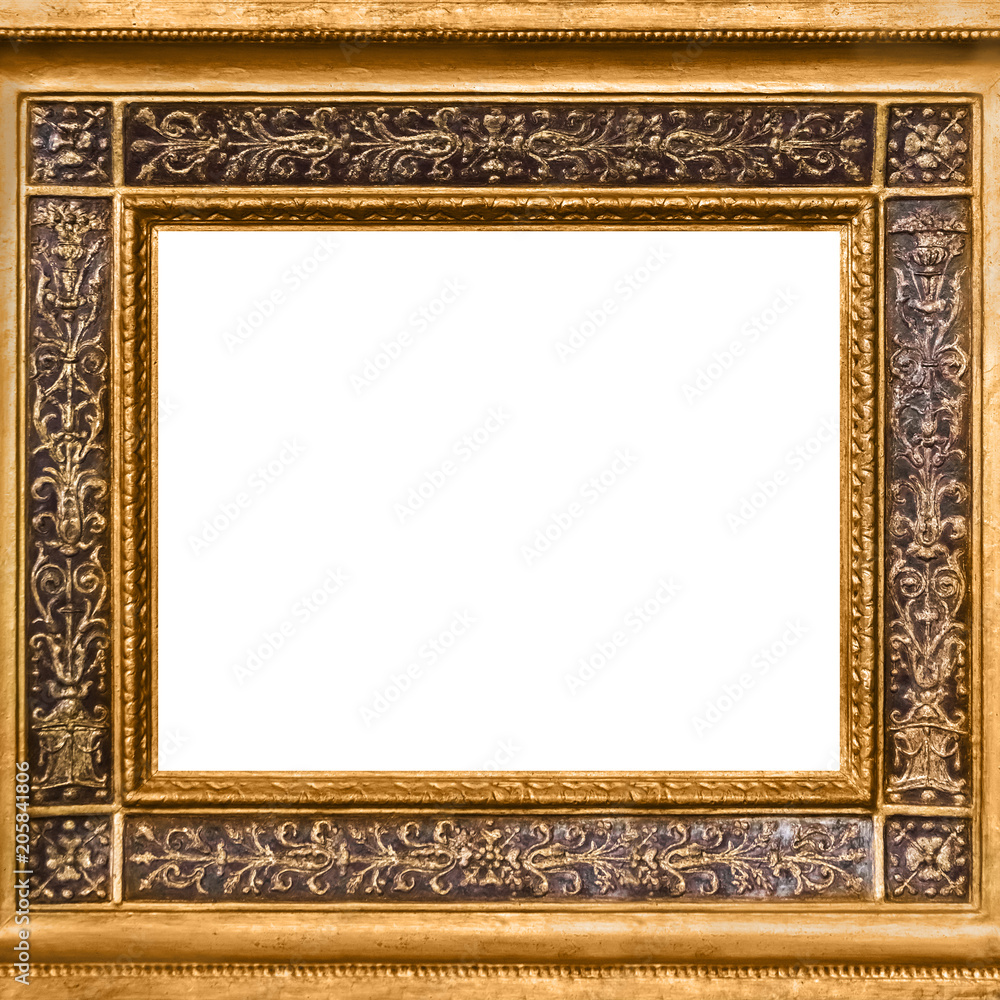 Gold wooden frame with carved ornament. Isolated on white Gold wooden frame with carved ornament. Isolated on white