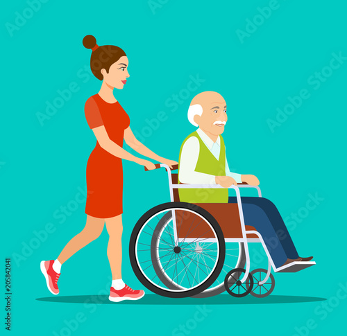 Man strolling with elder grey haired man in wheelchair. Vector flat style illustration
