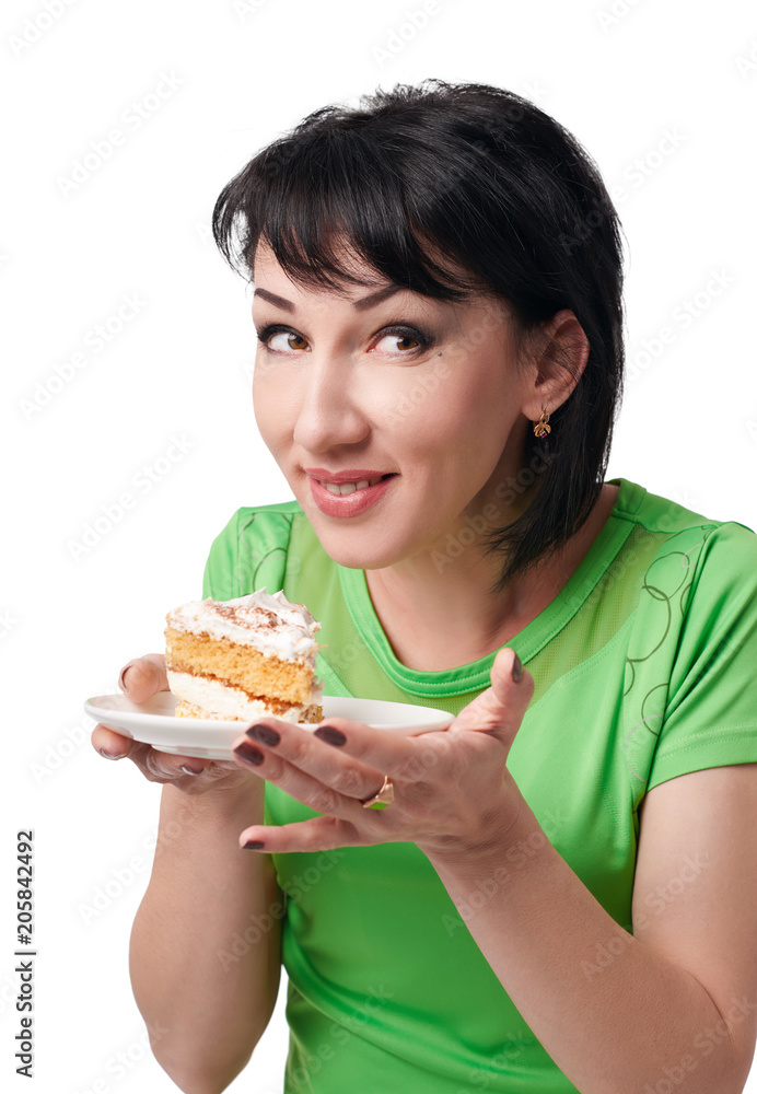 girl posing with sweet cake, isolated on white background girl posing with sweet cake, isolated on white background