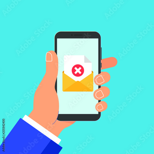 Hand hold phone with envelope document paper sheet  page check mark cross no text icon sign vector illustration. Symbol of email delivery, verification flat design concept isolated on blue background.