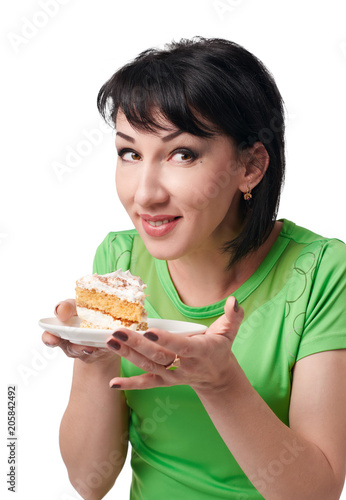 girl posing with sweet cake, isolated on white background