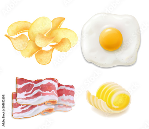 Cholesterol food icons. Fried eggs and bacon, chips, butter. Realistic illustration