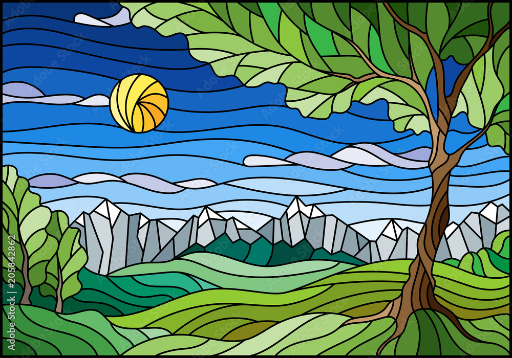 Obraz premium Illustration in stained glass style with landscape, green tree on mountain landscape and Sunny sky background