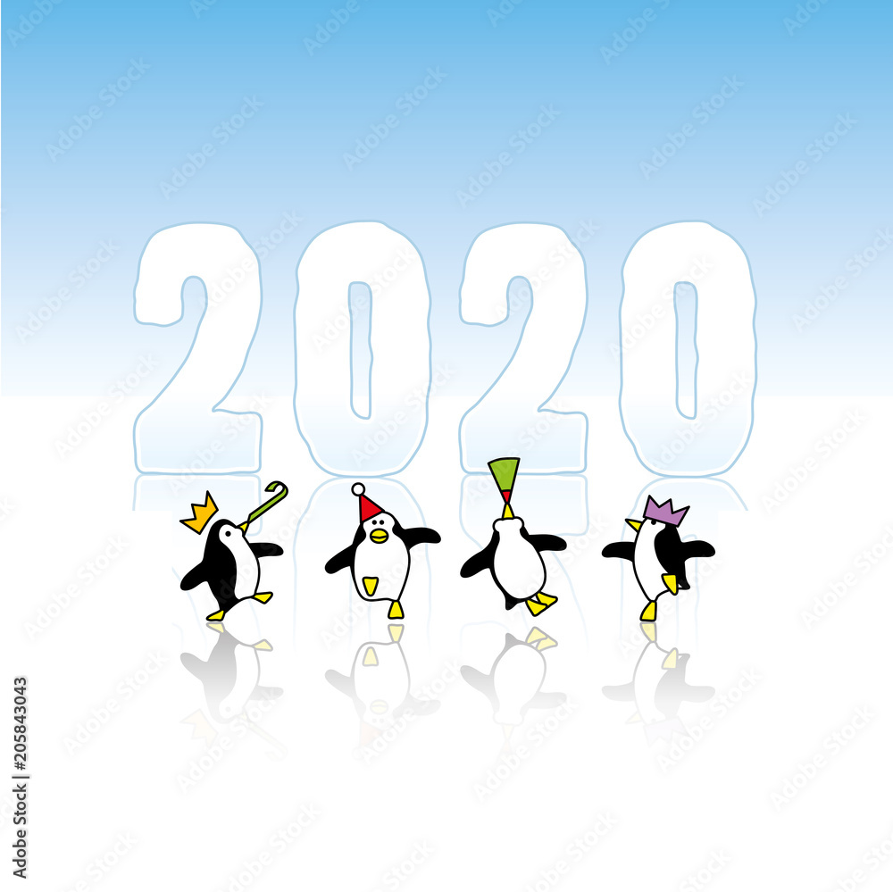 Obraz premium Partying Penguins Celebrating in front of Frozen Year 2020