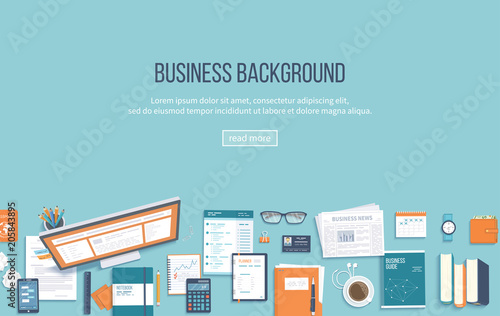 Workplace business background. Top view of office supplies monitor, folder, documents, notepad, books, purse, calendar, calculator, coffee, passport. Place for text. Vector Top view