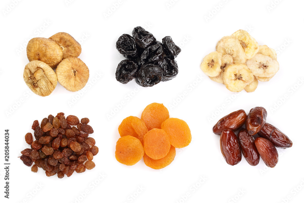 Set of dried fruits isolated on white background. Top view. Flat lay Set of dried fruits isolated on white background. Top view. Flat lay