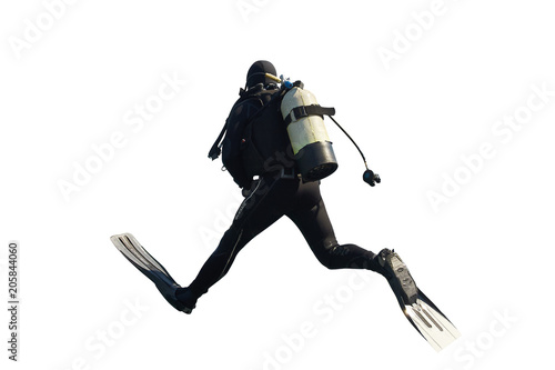 Jumping Scuba Diver Rear View on Isolated White