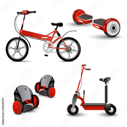 Realistic self-balancing gyro two-wheeled board scooter or hoverboard 3 colorful sets transparent background vector illustration