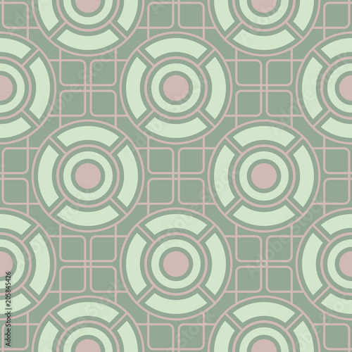 Geometric dark green seamless background wth pink elements