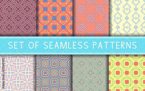 Geometric seamless patterns. Collection of colored backgrounds