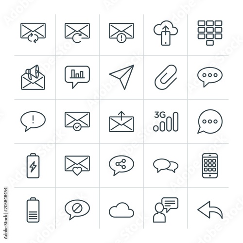 Modern Simple Set of cloud and networking, chat and messenger, mobile, email Vector outline Icons. Contains such Icons as  sms,  select and more on white background. Fully Editable. Pixel Perfect