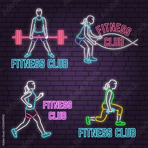 Obraz Set of neon fitness club sign on brick wall background. Vector illustration.