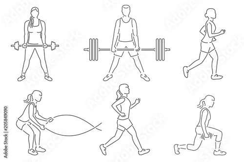 Set of fitness girls and man icon. Running, working out in gym with weight, exercises with battle ropes.
