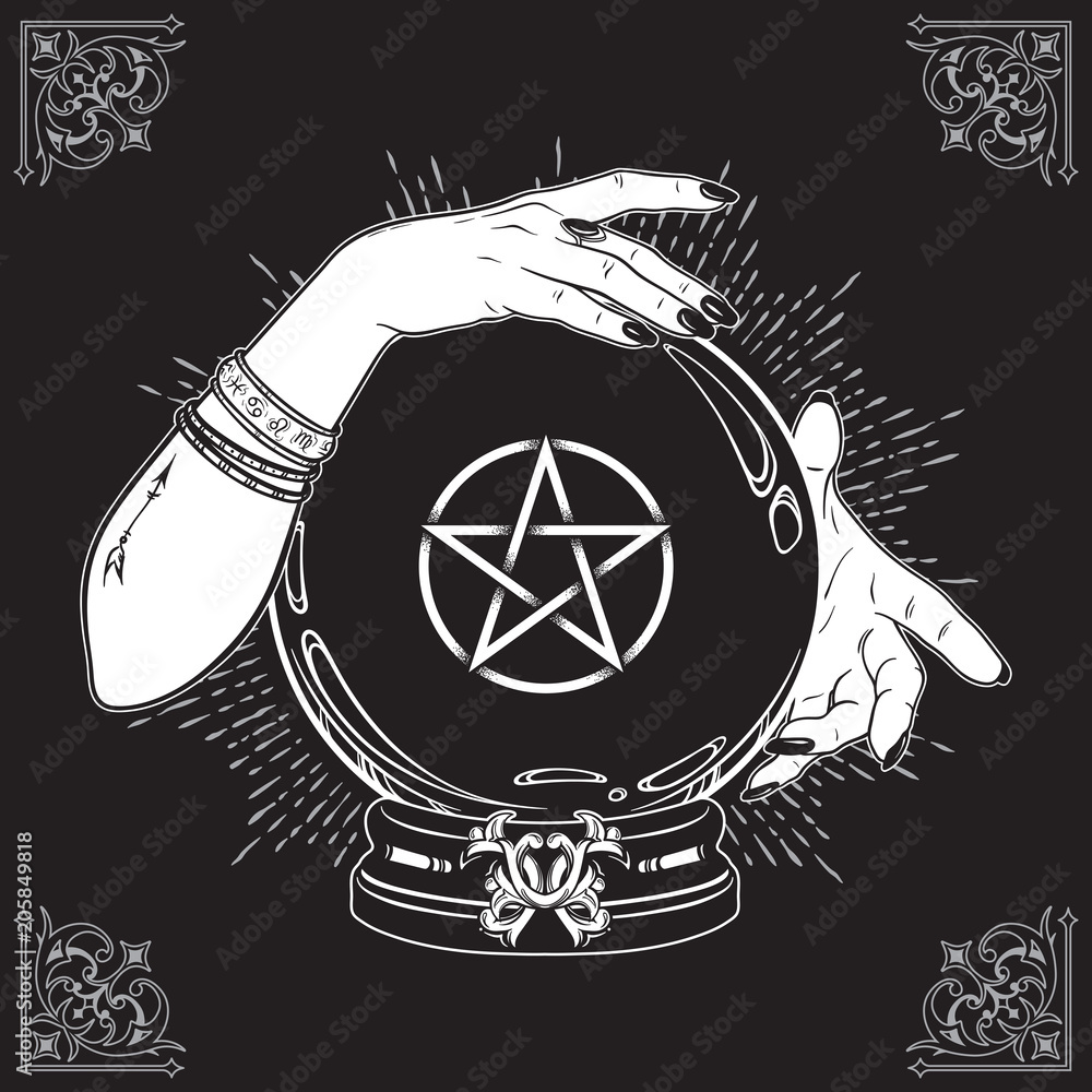 Hand drawn magic crystal ball with pentagram star in hands of fortune ...