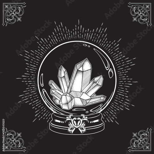 Hand drawn magic crystal ball with gems line art and dot work. Boho chic tattoo, poster or altar veil print design vector illustration.