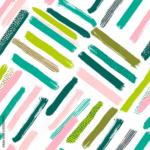 Seamless vector abstract pattern with brush strokes. Hand-painted texture. Pink green brushstrokes on a white background. For printing on different subjects. Modern Vintage Style.