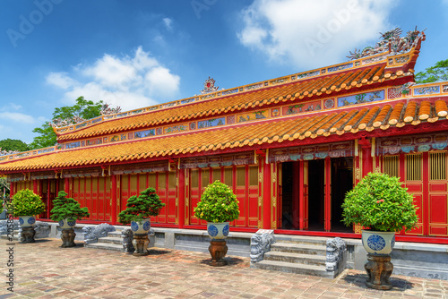 Scenic red wooden building of the Purple Forbidden City, Hue